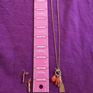 Coral Bead, INSPIRE Charm & Gold Tassel Pendant Necklace with Matching Earrings.